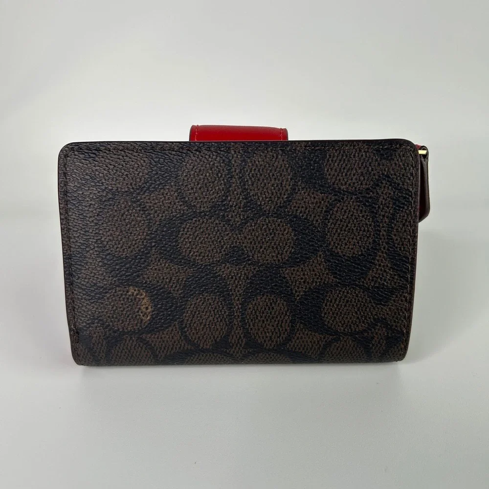 Coach Medium Corner Zip Wallet Walnut Bold Red Signature Canvas NEW